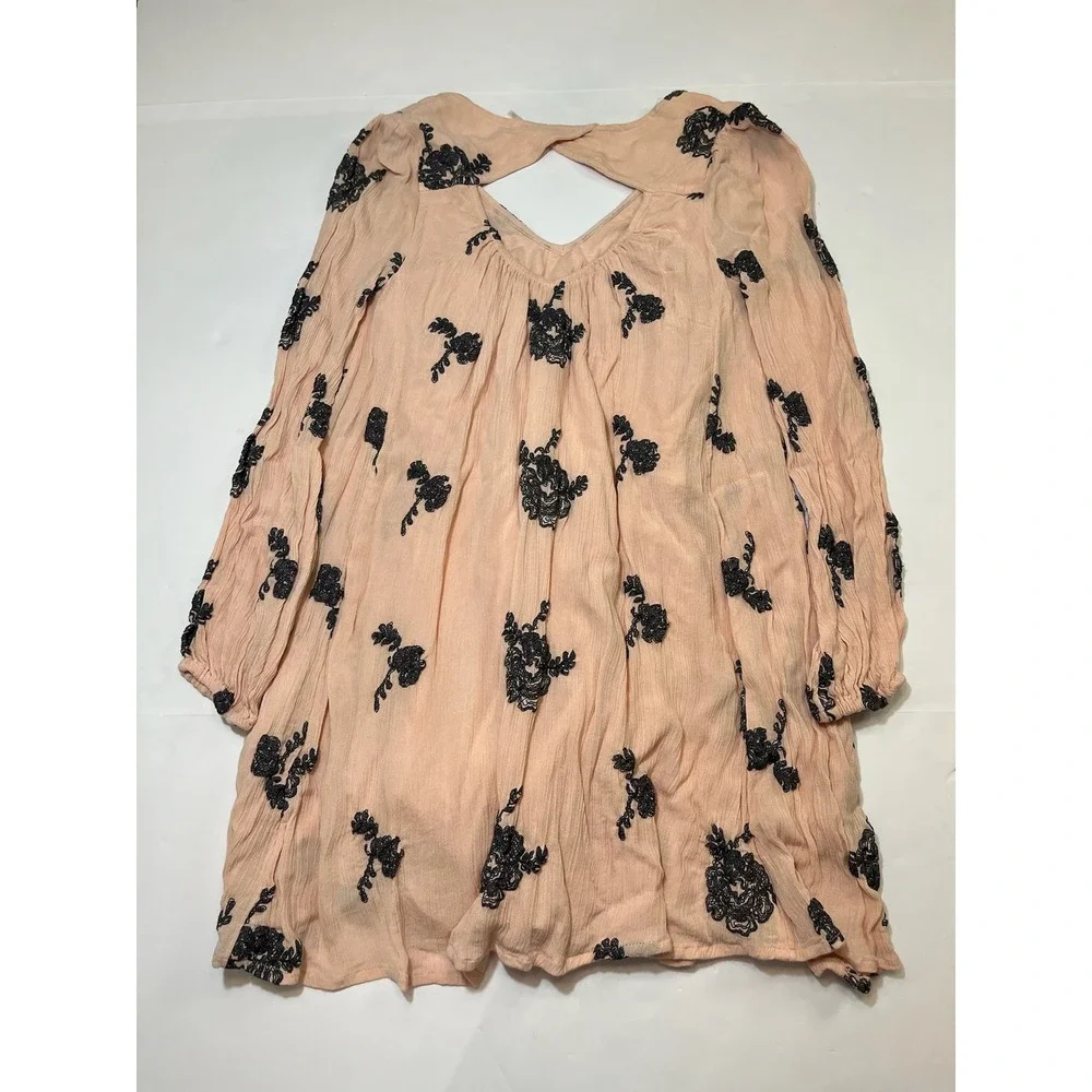 Free People Embroidered Mini Dress Womens XS Peach Black Floral Boho Festival